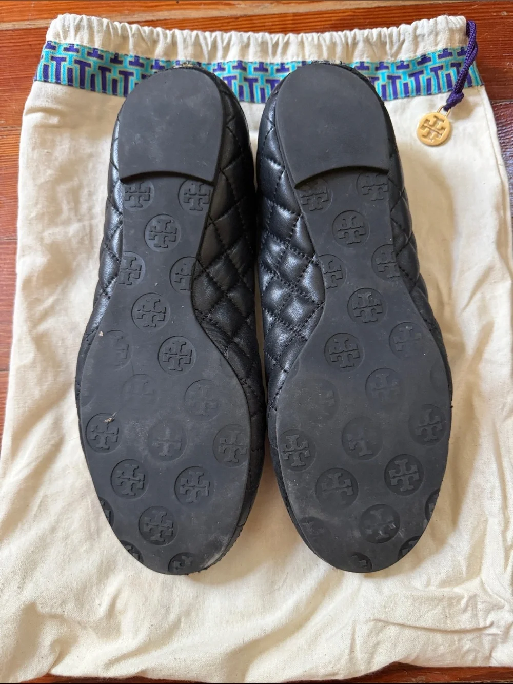 Tory Burch Black Quilted Leather Reva Flats with Gold Logo Medallion